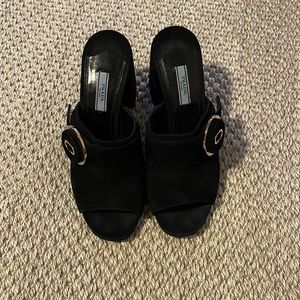 Prada Suede Shoes I Accent Button I Mules I leather insole, covered block heel.